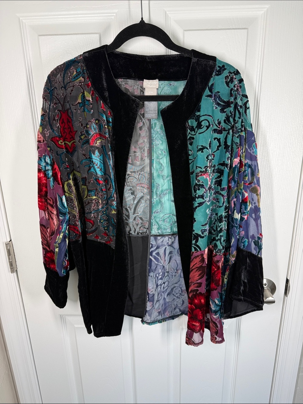 Chicos sheer and velvet open front kimono jacket size small/medium